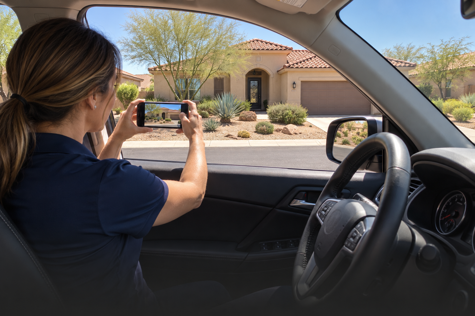 Illustration of a property manager in the front driver seat of a parked car photographing an Arizona single-family home through the open window