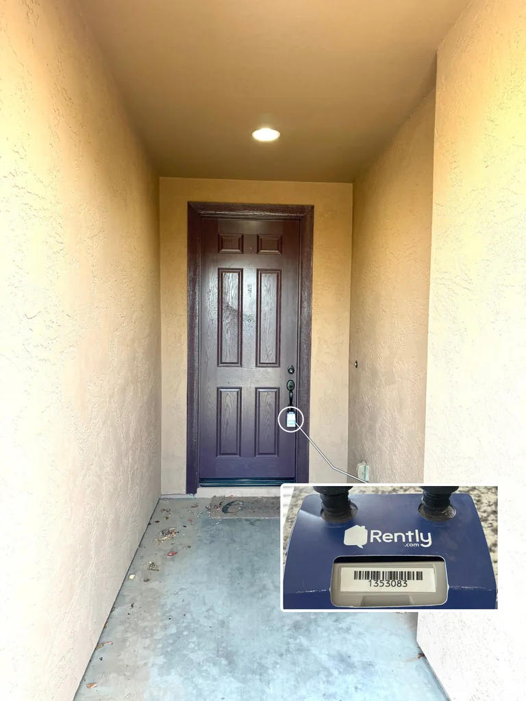 Covered entry with a front-door lockbox and an enlarged inset showing the Rently hardware and printed device identifier